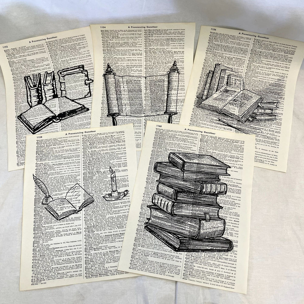 Set of 5 Vintage Reading Dictionary Prints