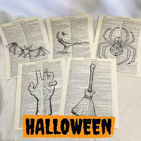 Set of 5 Vintage Halloween Dictionary Prints